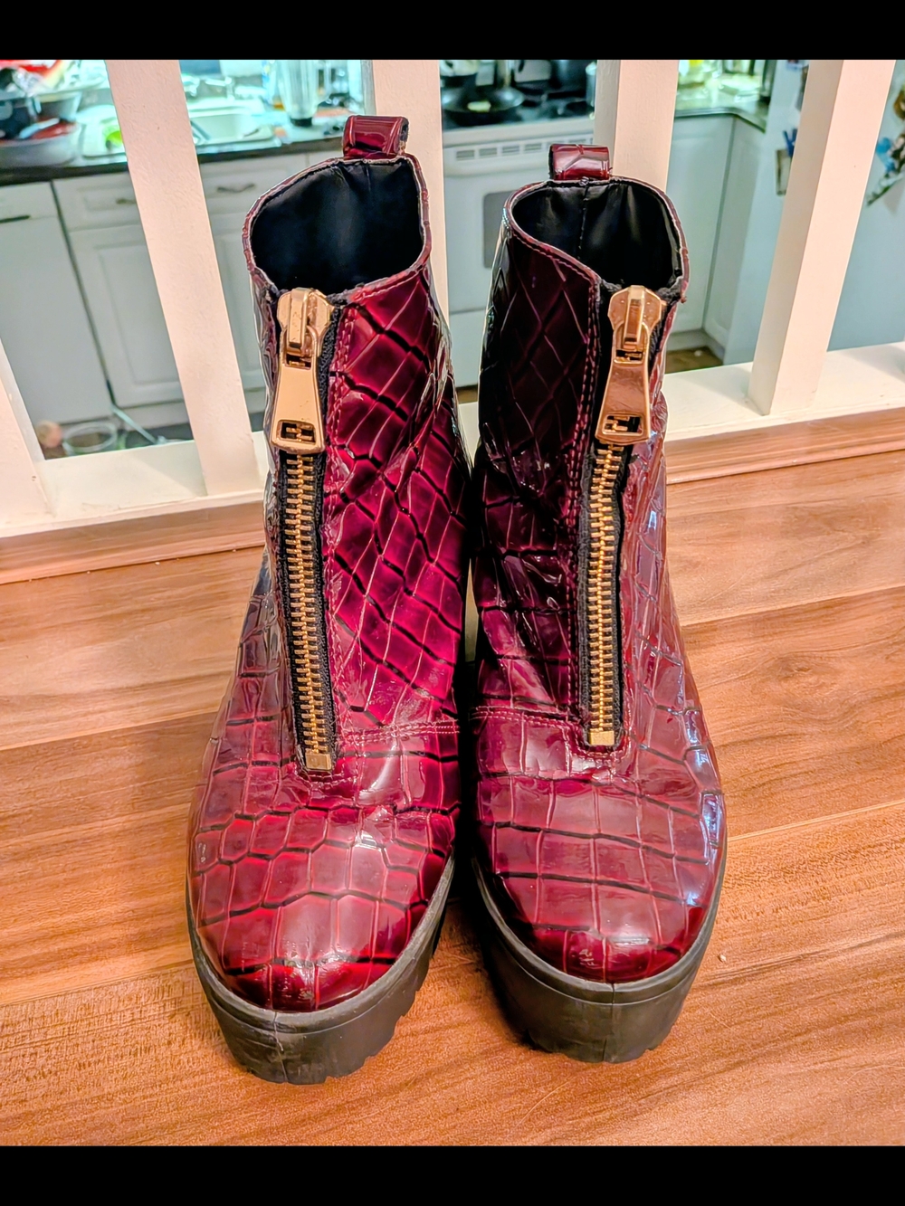Topshop Croc-Embossed Burgundy Platform Boots